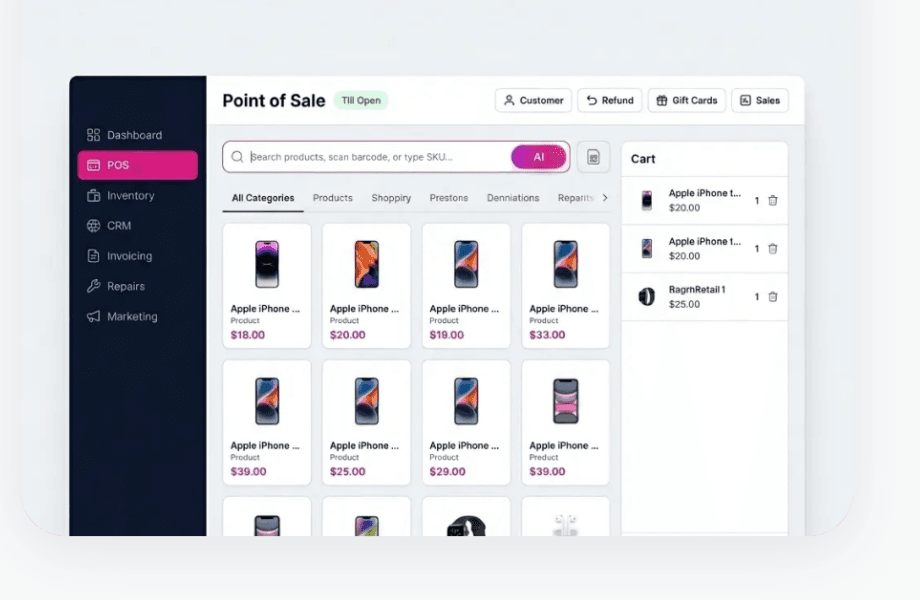 GraphRetail Suite — Point of Sale with product grid, AI upsell suggestions, and checkout cart